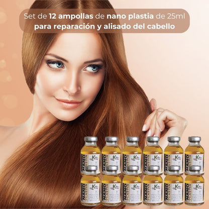 Set de 12 ampollas de nano plastia de 25ml para reparación y alisado del cabello